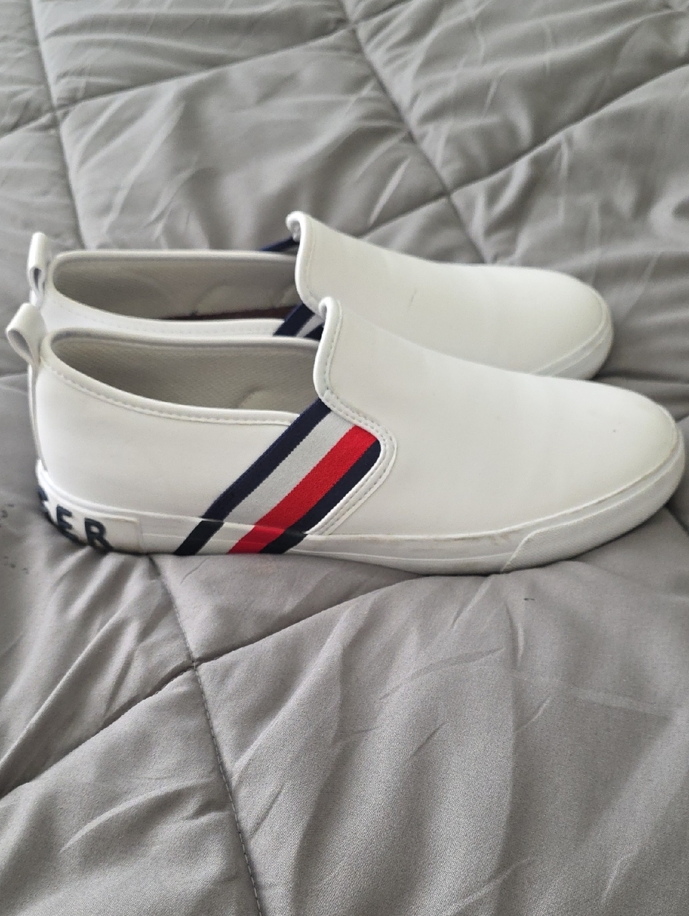 Tommy Hilfiger White Slip-On Sneakers with Red & Navy Stripes